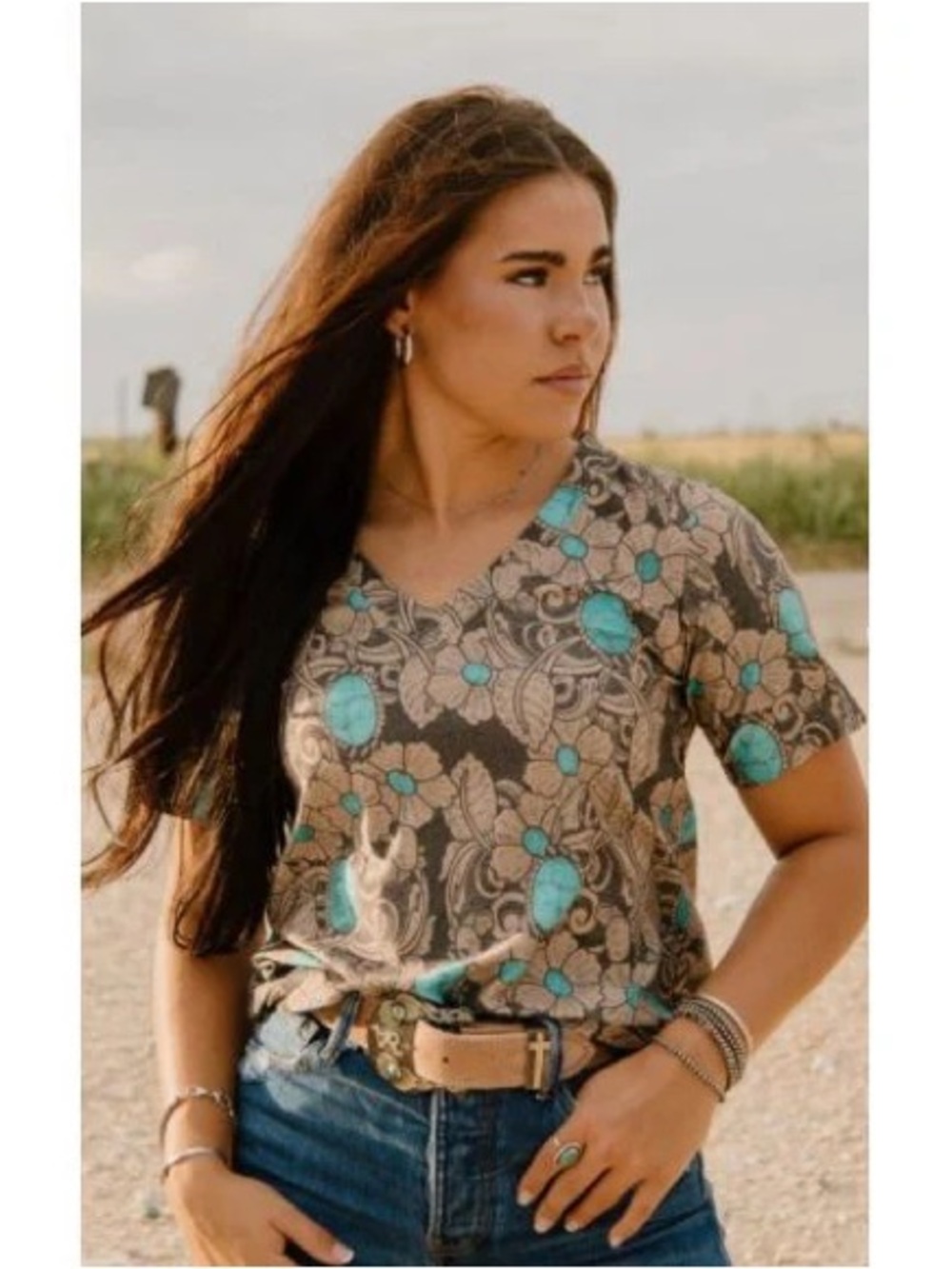 BRAND NEW WITH TAGS Tattoos On This Town Turquoise Print V-Neck Tee